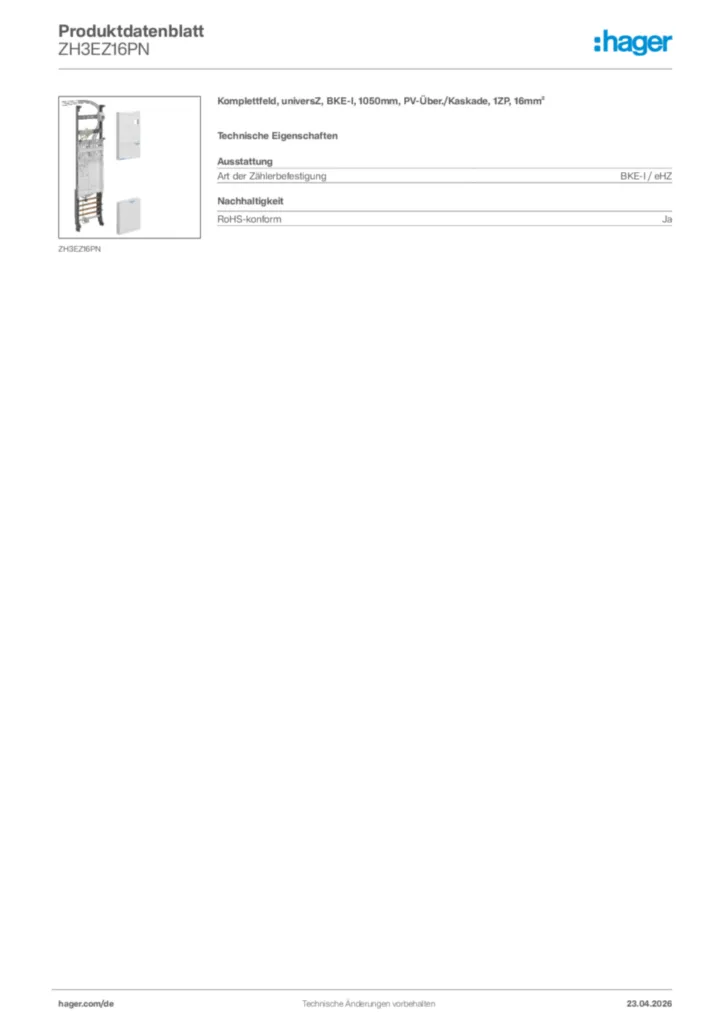 Bild Hager Produktdatenblatt ZH3EZ16PN | Hager Deutschland