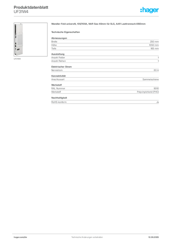Bild Hager Produktdatenblatt UF31W4 | Hager Deutschland