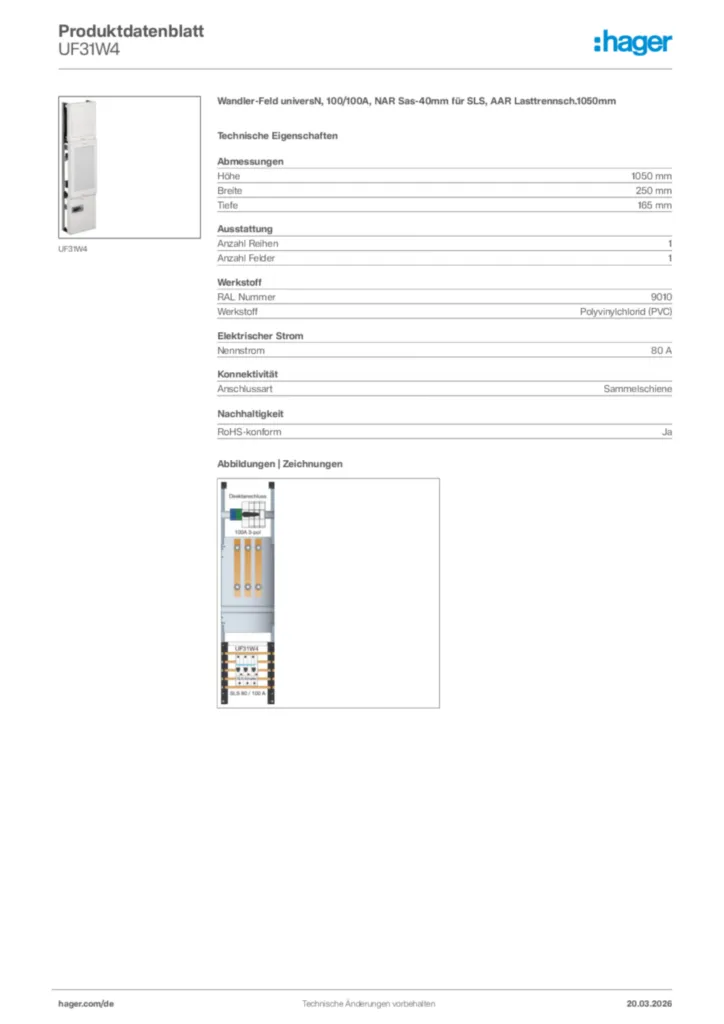 Bild Hager Produktdatenblatt UF31W4 | Hager Deutschland