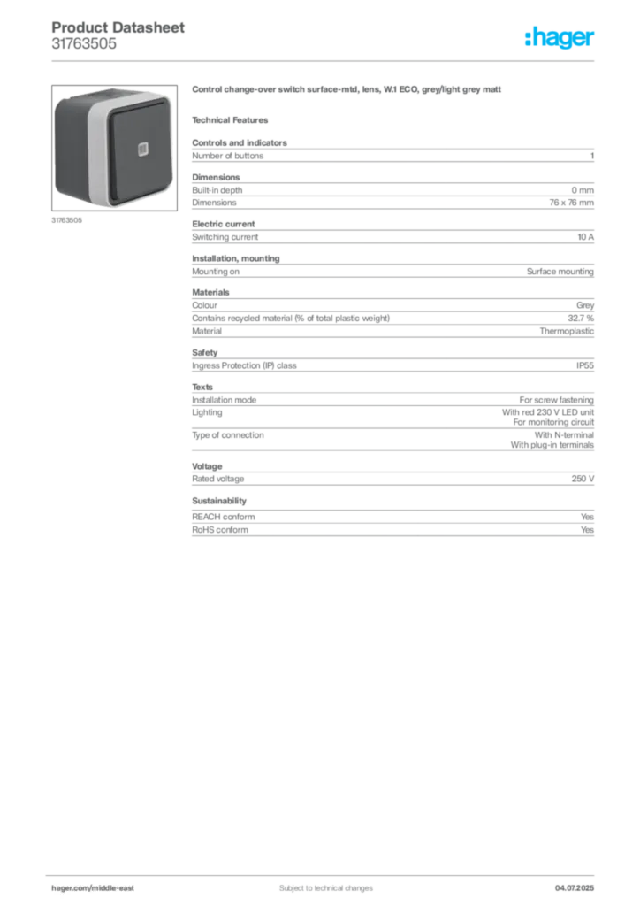 Image Hager Product data sheet 31763505  | Hager