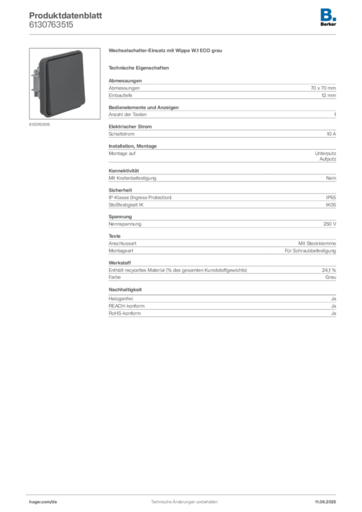 Bild Berker Produktdatenblatt 6130763515 | Hager Deutschland