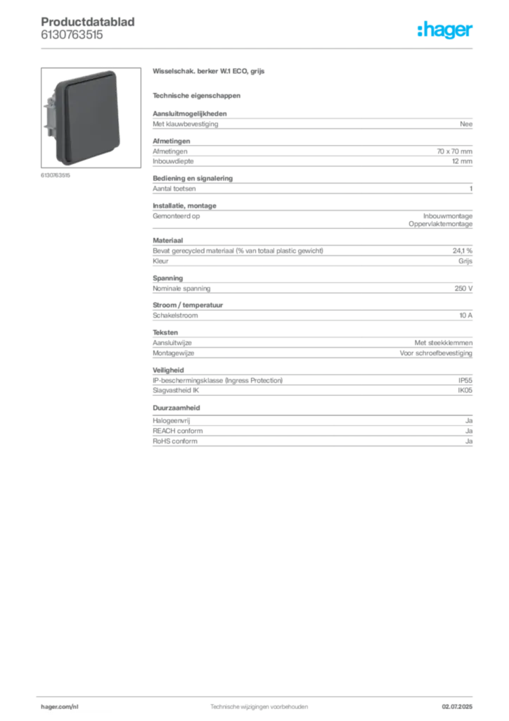 Afbeelding Hager Productdatablad 6130763515 | Hager Nederland