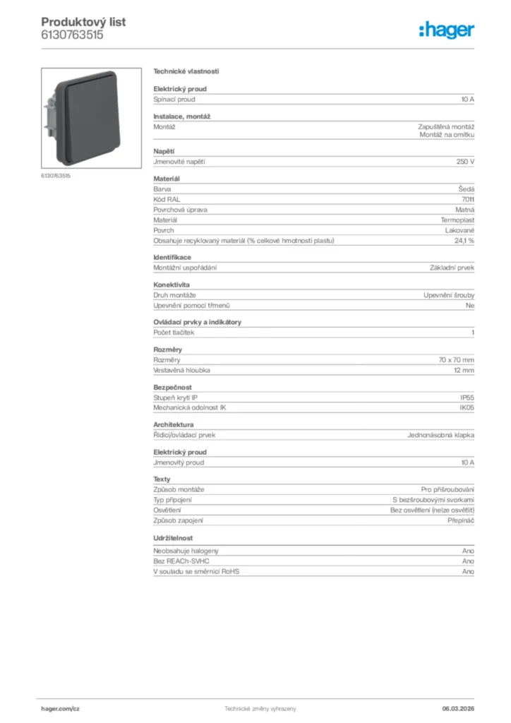 Obrázek Hager Product data sheet 6130763515 | Hager