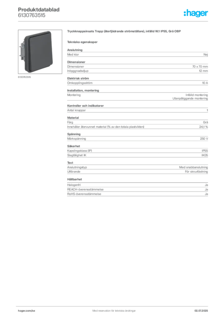 Bild Hager Produktdatablad 6130763515 | Hager Sverige