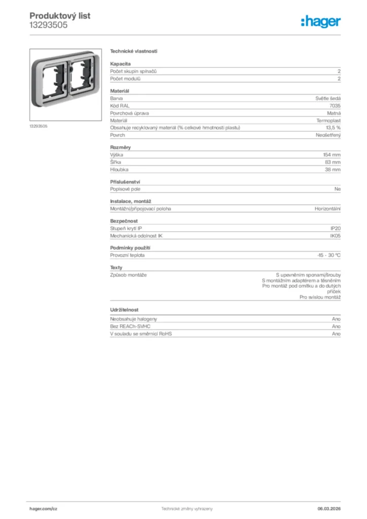 Obrázek Hager Product data sheet 13293505 | Hager