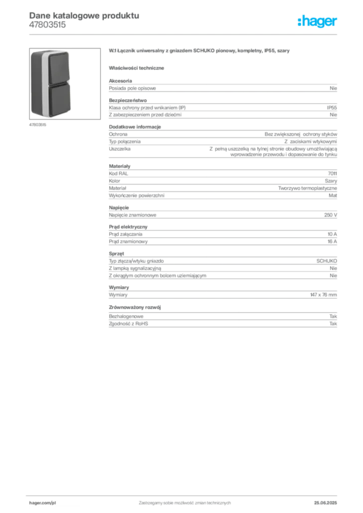 Zdjęcie Hager Dane katalogowe produktu 47803515 | Hager Polska