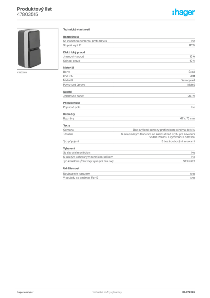 Obrázek Hager Product data sheet 47803515 | Hager