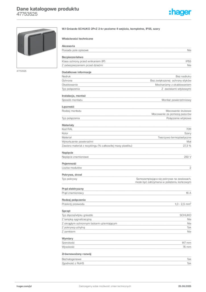 Zdjęcie Hager Dane katalogowe produktu 47753525 | Hager Polska