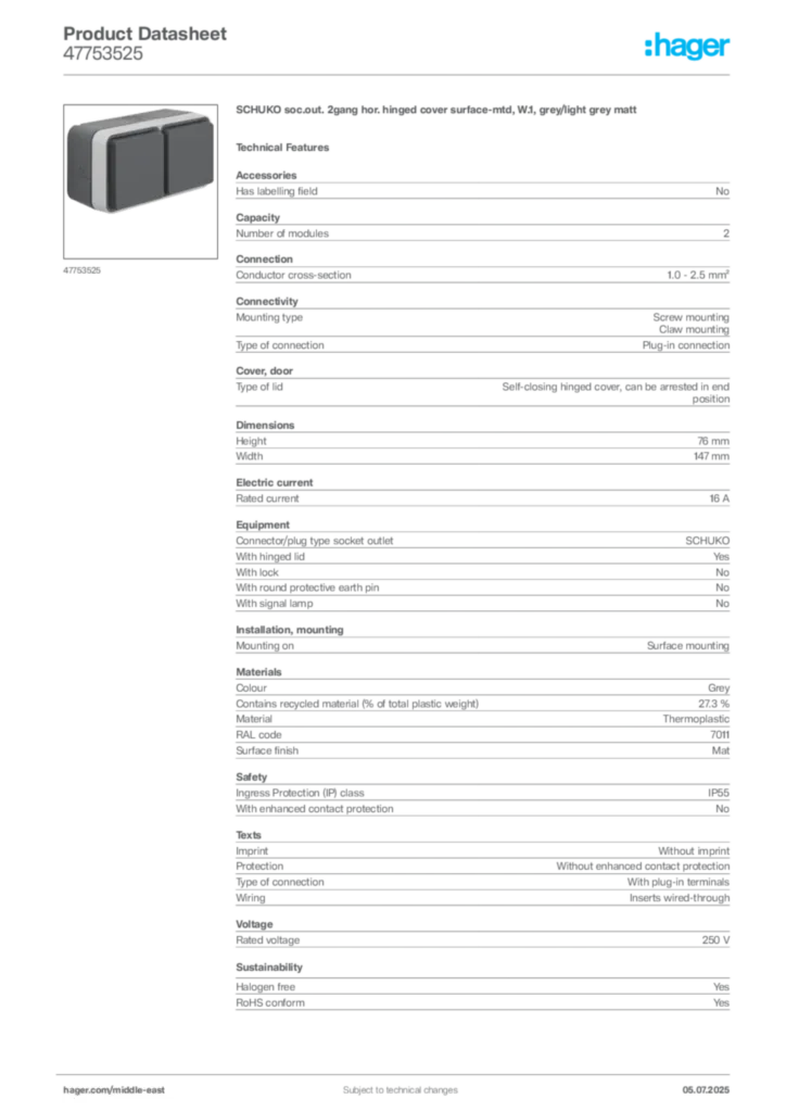Image Hager Product data sheet 47753525  | Hager