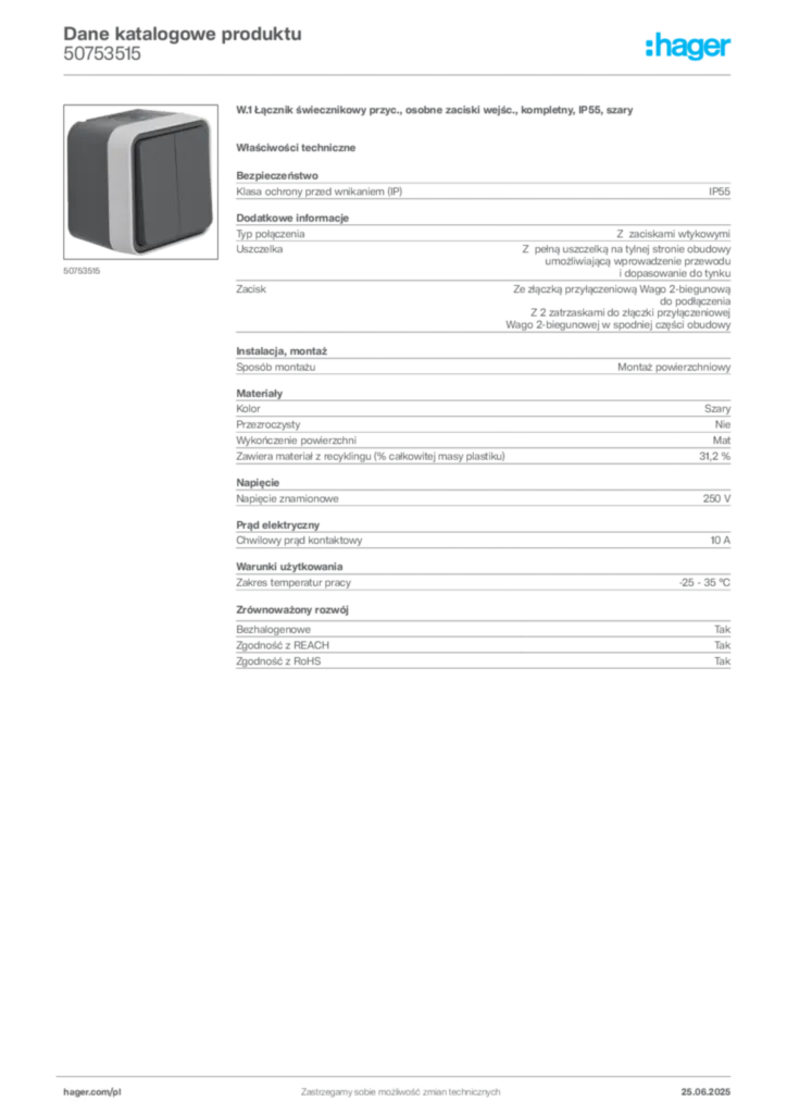 Zdjęcie Hager Dane katalogowe produktu 50753515 | Hager Polska