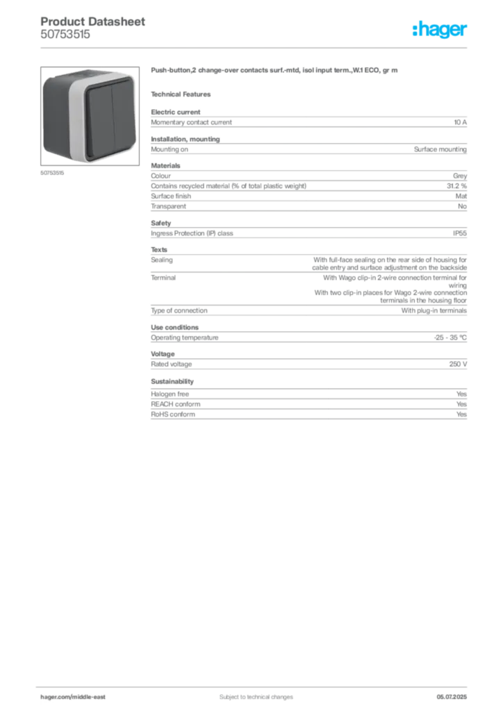 Image Hager Product data sheet 50753515  | Hager