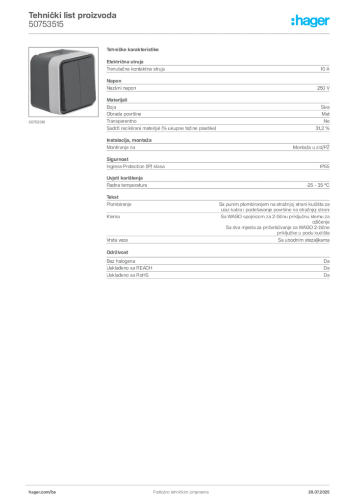 Slika Hager Product data sheet 50753515  | Hager