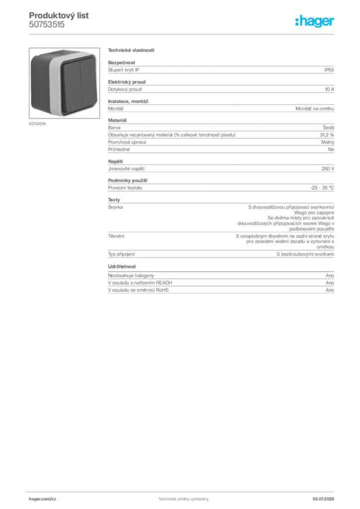 Obrázek Hager Product data sheet 50753515 | Hager