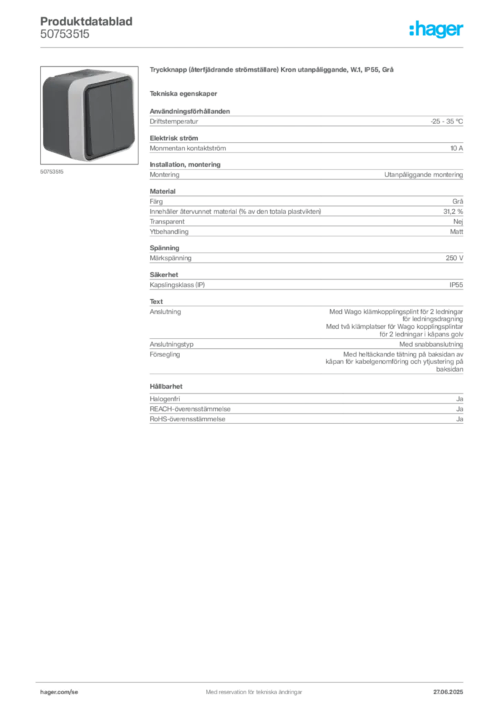 Bild Hager Produktdatablad 50753515 | Hager Sverige