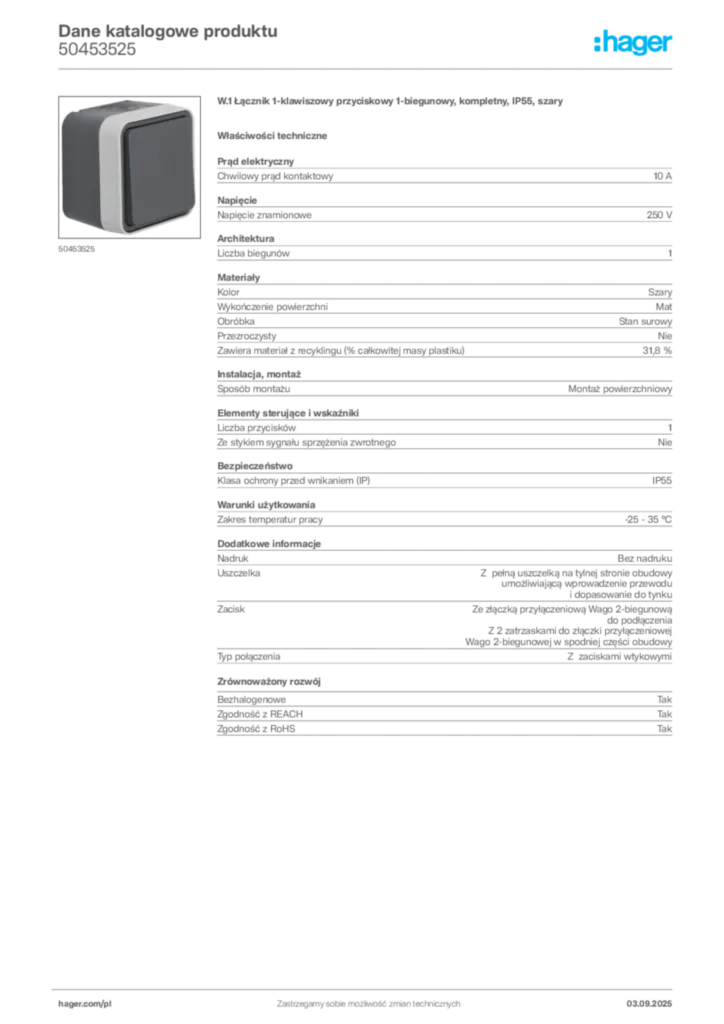 Zdjęcie Hager Dane katalogowe produktu 50453525 | Hager Polska
