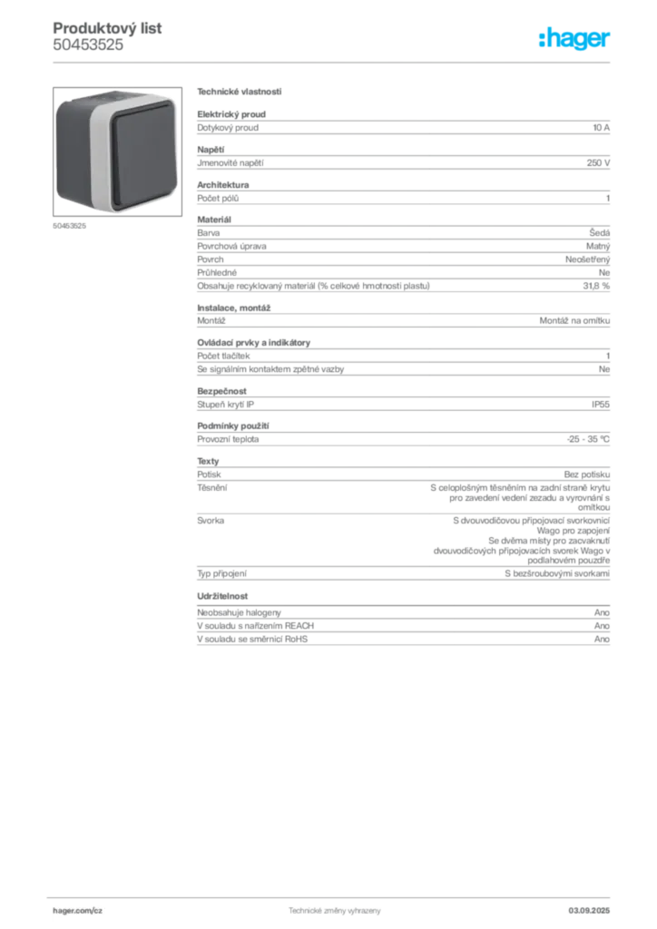 Obrázek Hager Product data sheet 50453525 | Hager