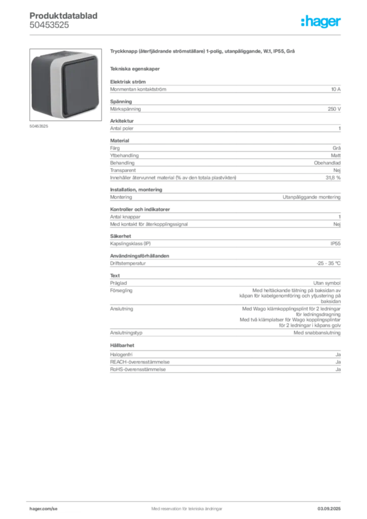 Bild Hager Produktdatablad 50453525 | Hager Sverige