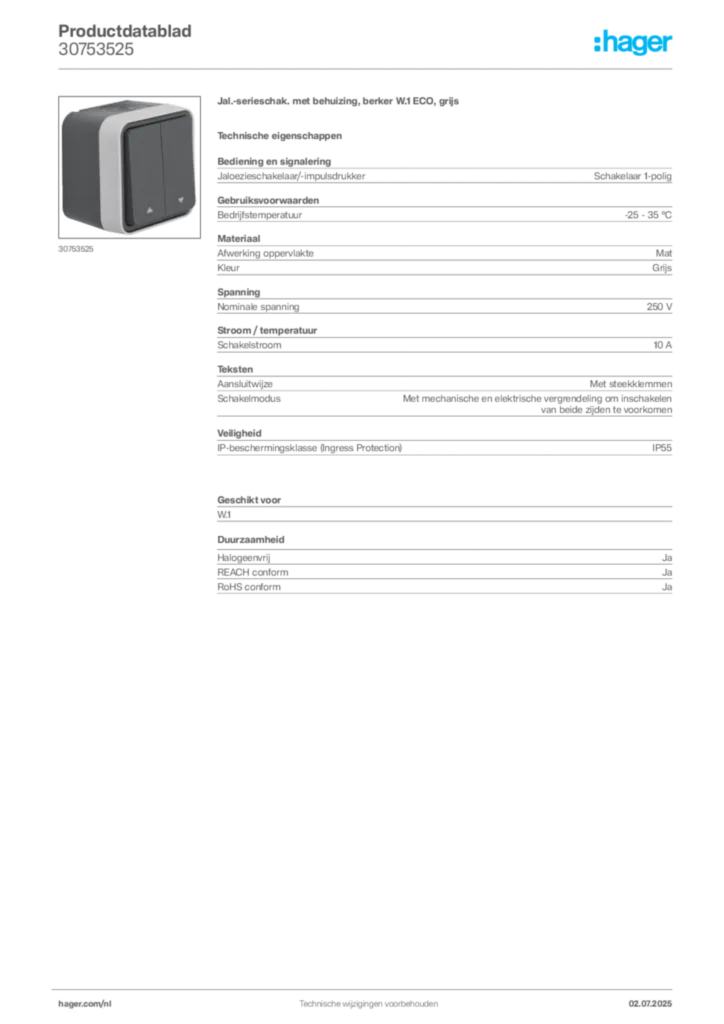 Afbeelding Hager Productdatablad 30753525 | Hager Nederland