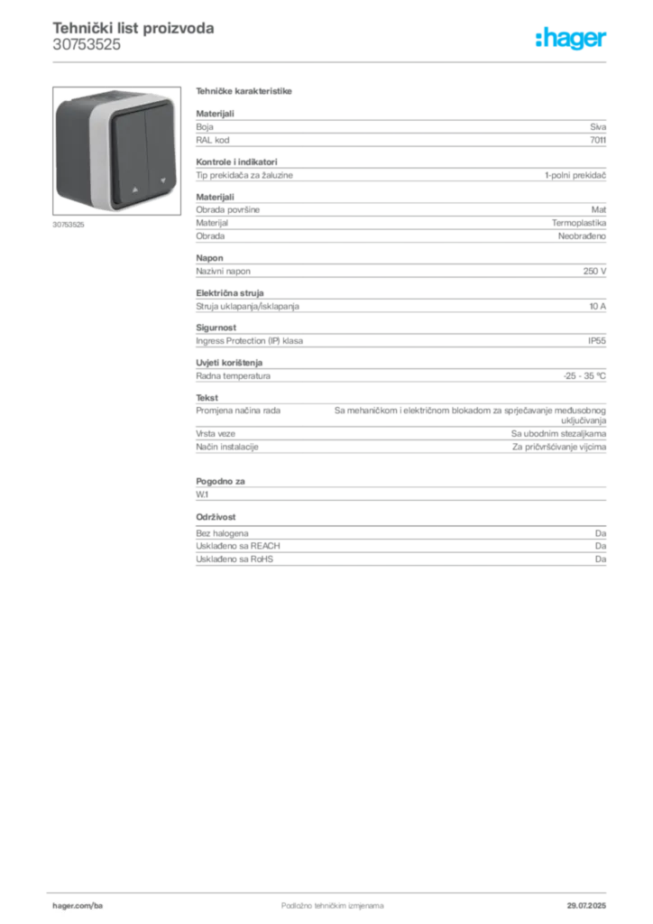 Slika Hager Product data sheet 30753525  | Hager