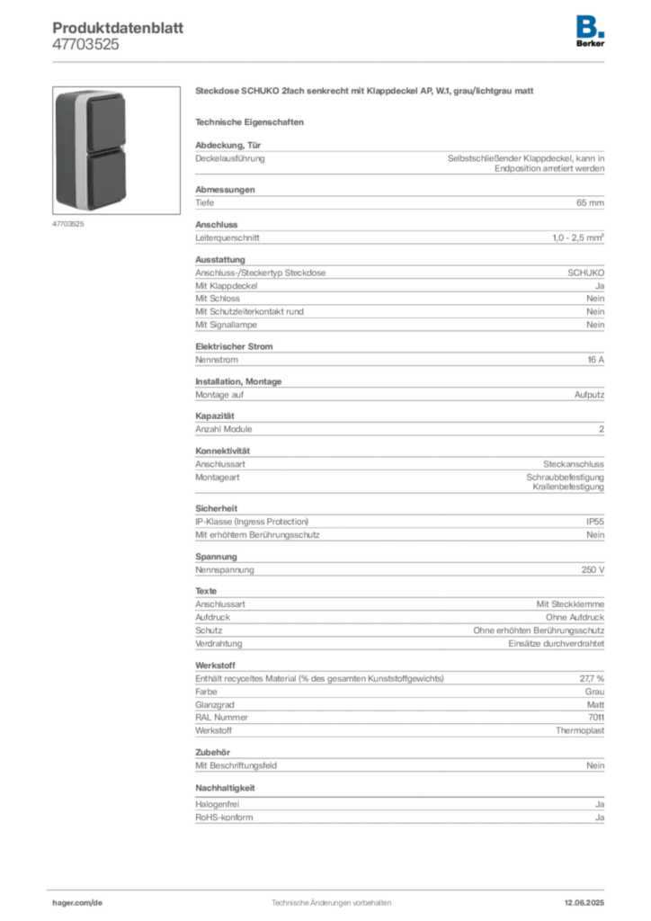 Bild Berker Produktdatenblatt 47703525 | Hager Deutschland