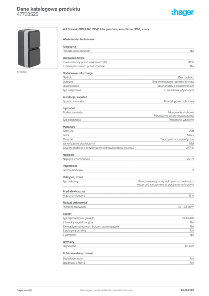 Zdjęcie Hager Dane katalogowe produktu 47703525 | Hager Polska