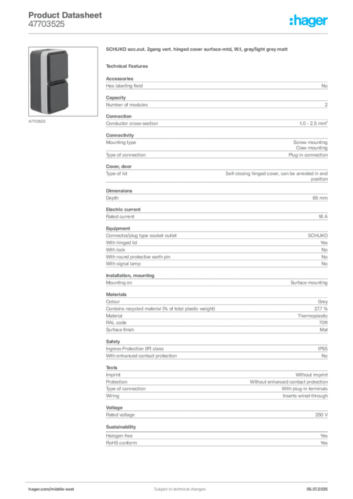 Image Hager Product data sheet 47703525  | Hager