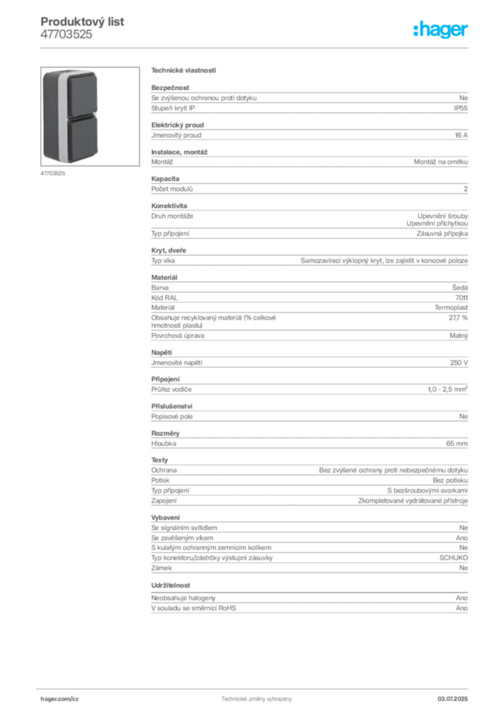 Obrázek Hager Product data sheet 47703525 | Hager
