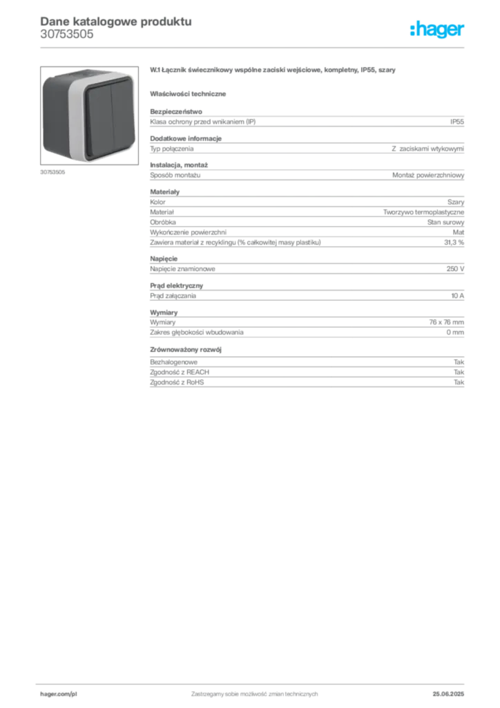 Zdjęcie Hager Dane katalogowe produktu 30753505 | Hager Polska