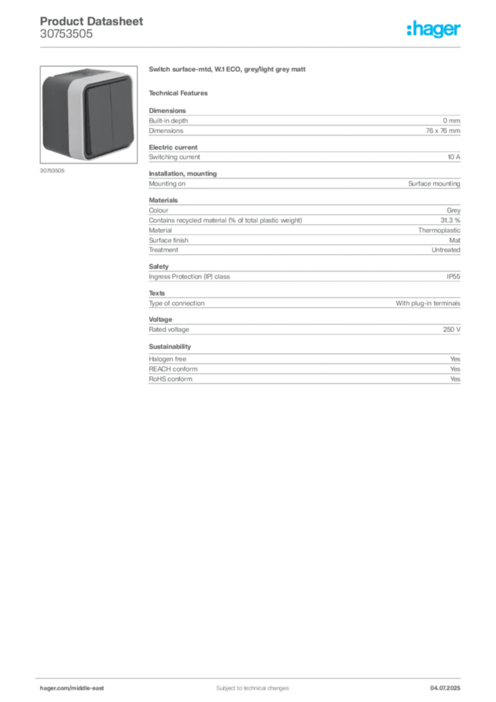Image Hager Product data sheet 30753505  | Hager