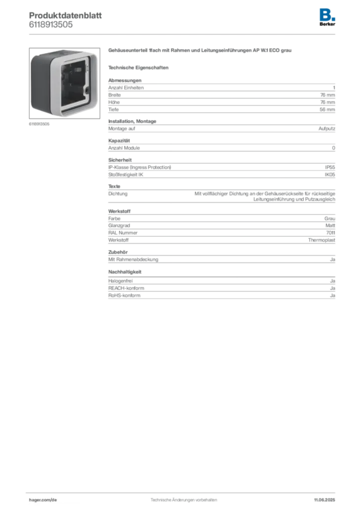 Bild Berker Produktdatenblatt 6118913505 | Hager Deutschland