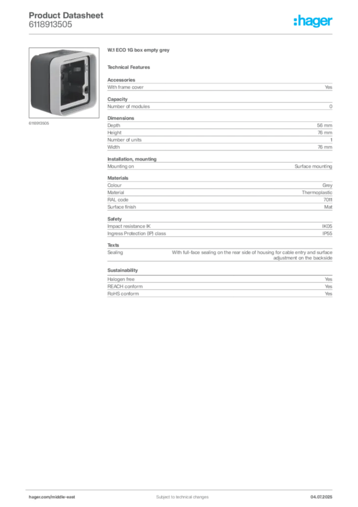 Image Hager Product data sheet 6118913505  | Hager