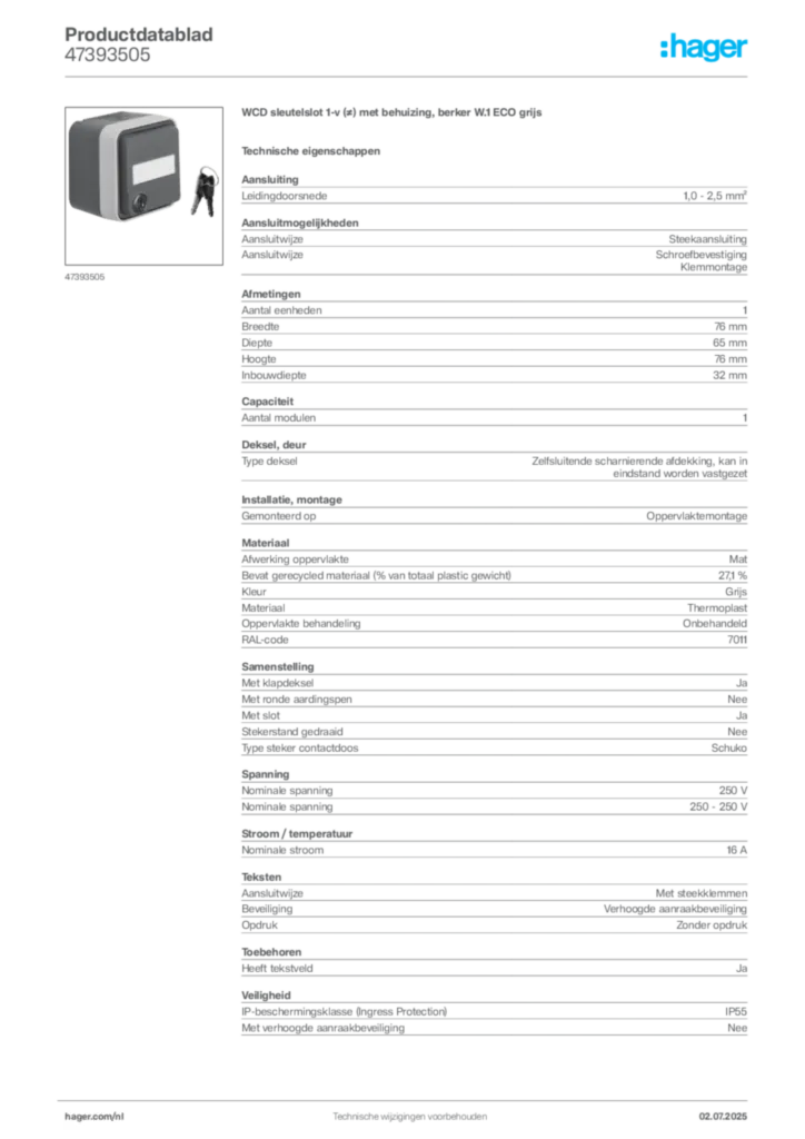 Afbeelding Hager Productdatablad 47393505 | Hager Nederland