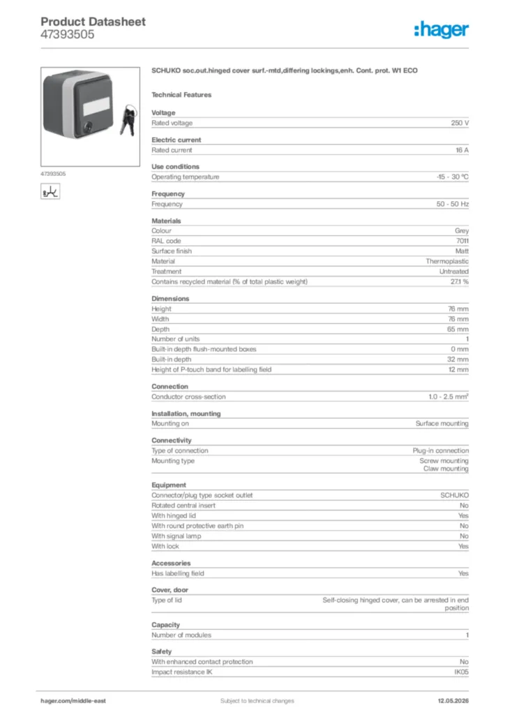 Image Hager Product data sheet 47393505  | Hager