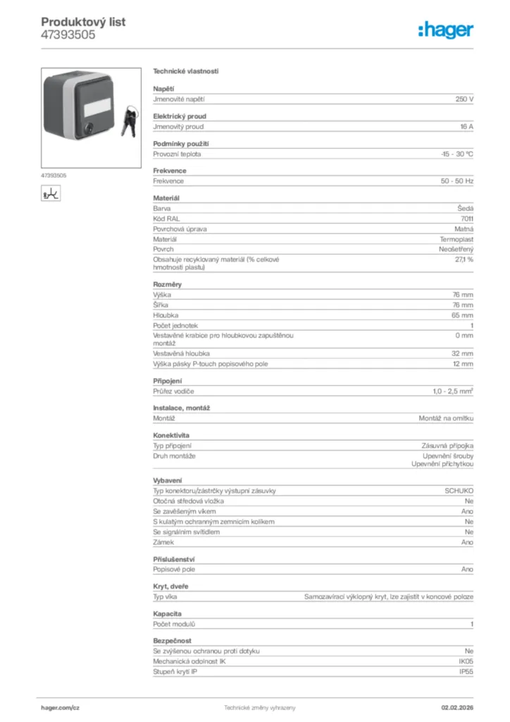 Obrázek Hager Product data sheet 47393505 | Hager