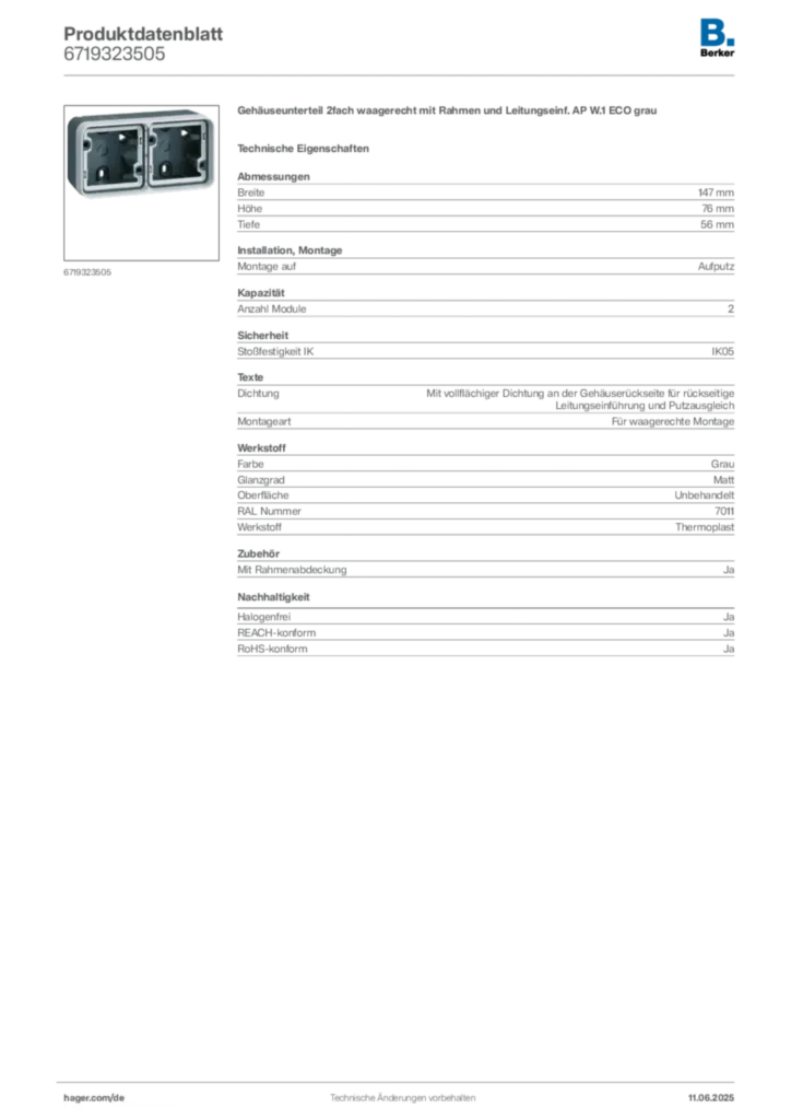Bild Berker Produktdatenblatt 6719323505 | Hager Deutschland