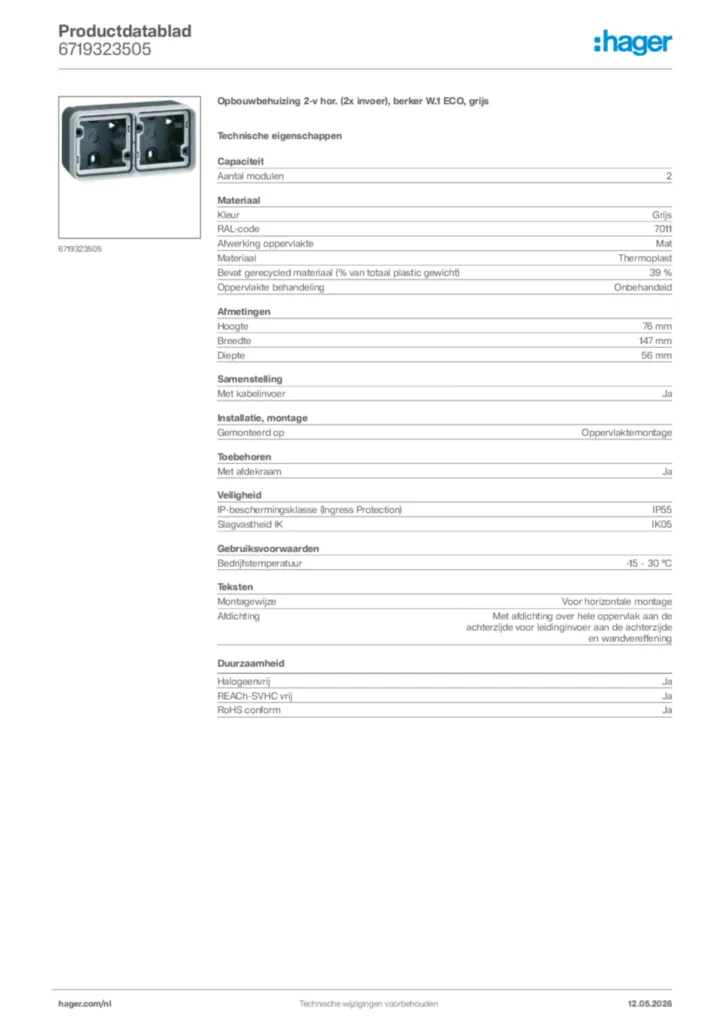 Afbeelding Hager Productdatablad 6719323505 | Hager Nederland