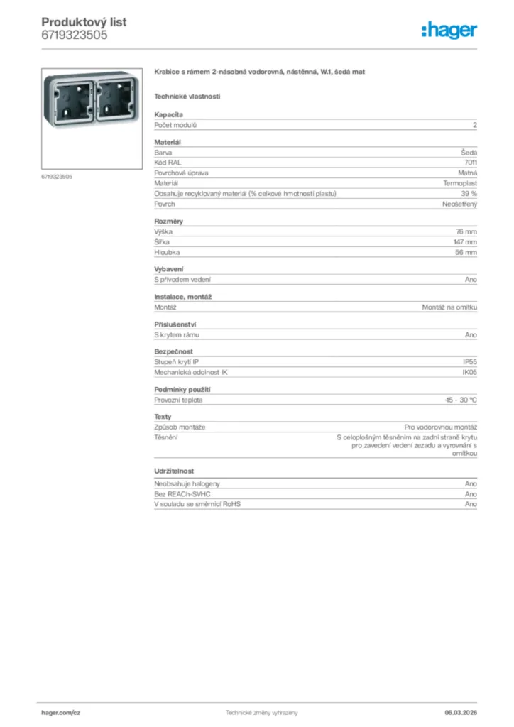 Obrázek Hager Product data sheet 6719323505 | Hager