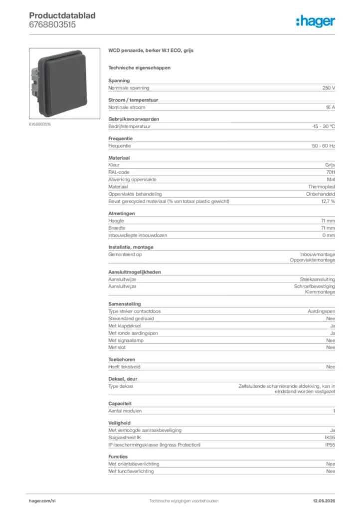Afbeelding Hager Productdatablad 6768803515 | Hager Nederland