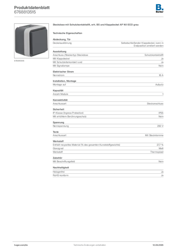 Bild Berker Produktdatenblatt 6768813515 | Hager Deutschland