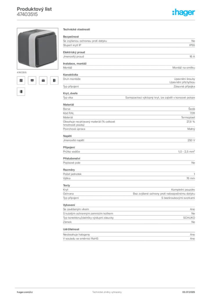 Obrázek Hager Product data sheet 47403515 | Hager