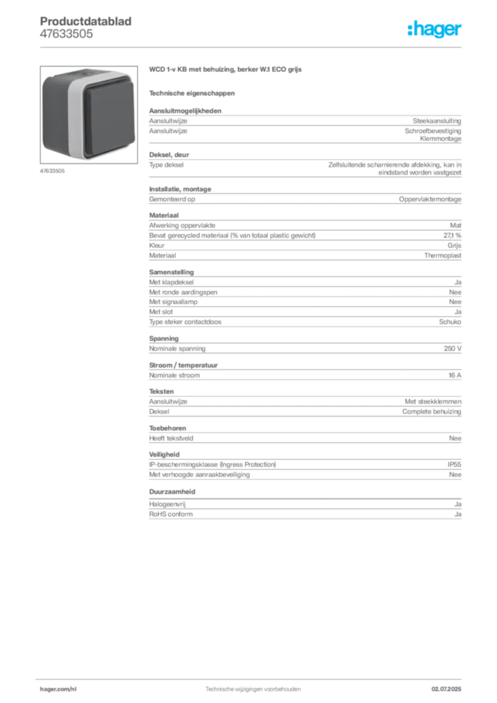 Afbeelding Hager Productdatablad 47633505 | Hager Nederland