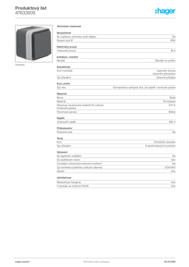Obrázek Hager Product data sheet 47633505 | Hager