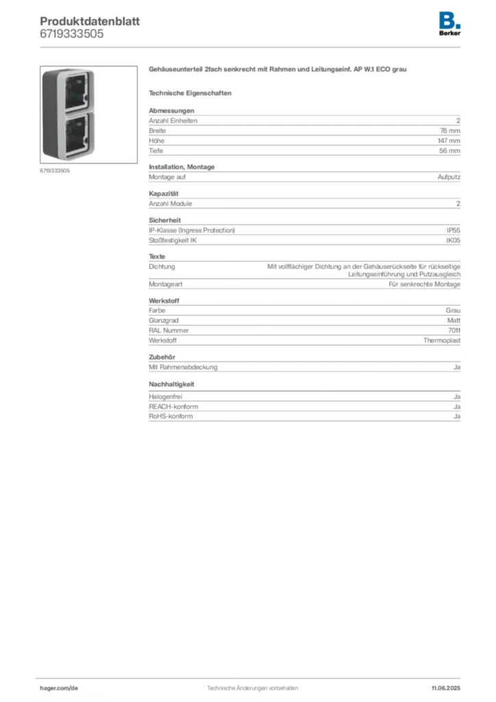 Bild Berker Produktdatenblatt 6719333505 | Hager Deutschland