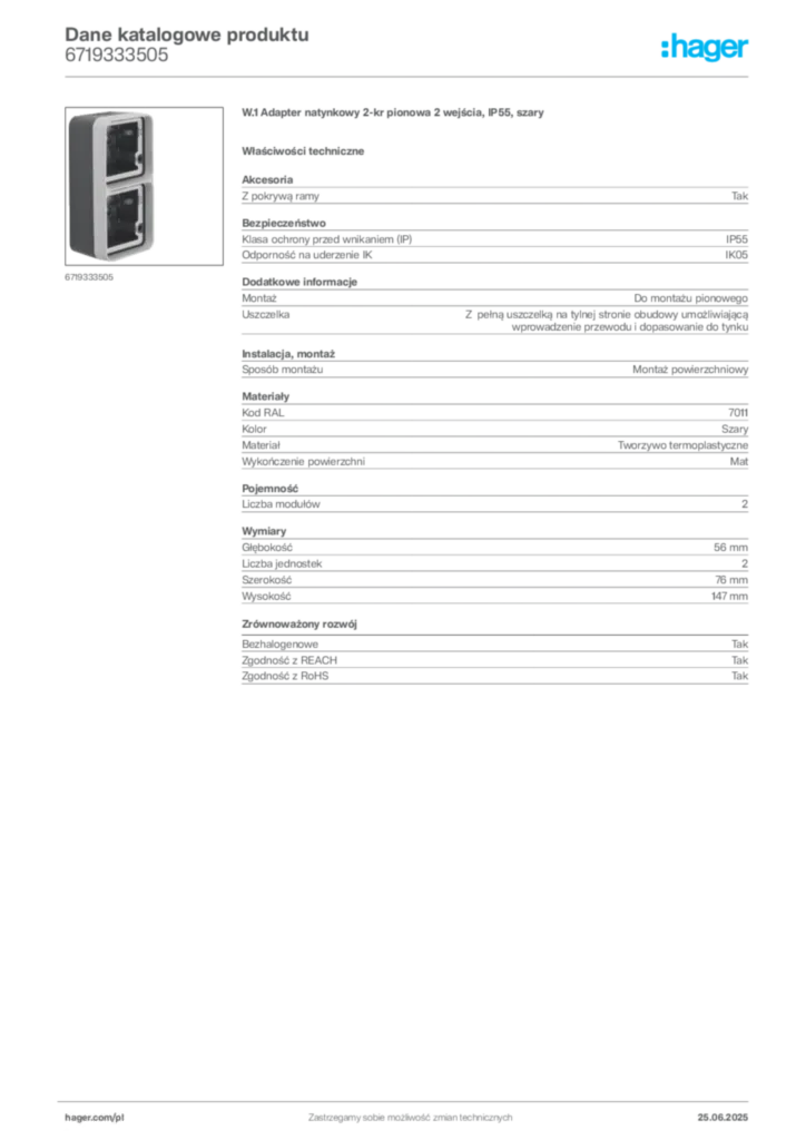 Zdjęcie Hager Dane katalogowe produktu 6719333505 | Hager Polska