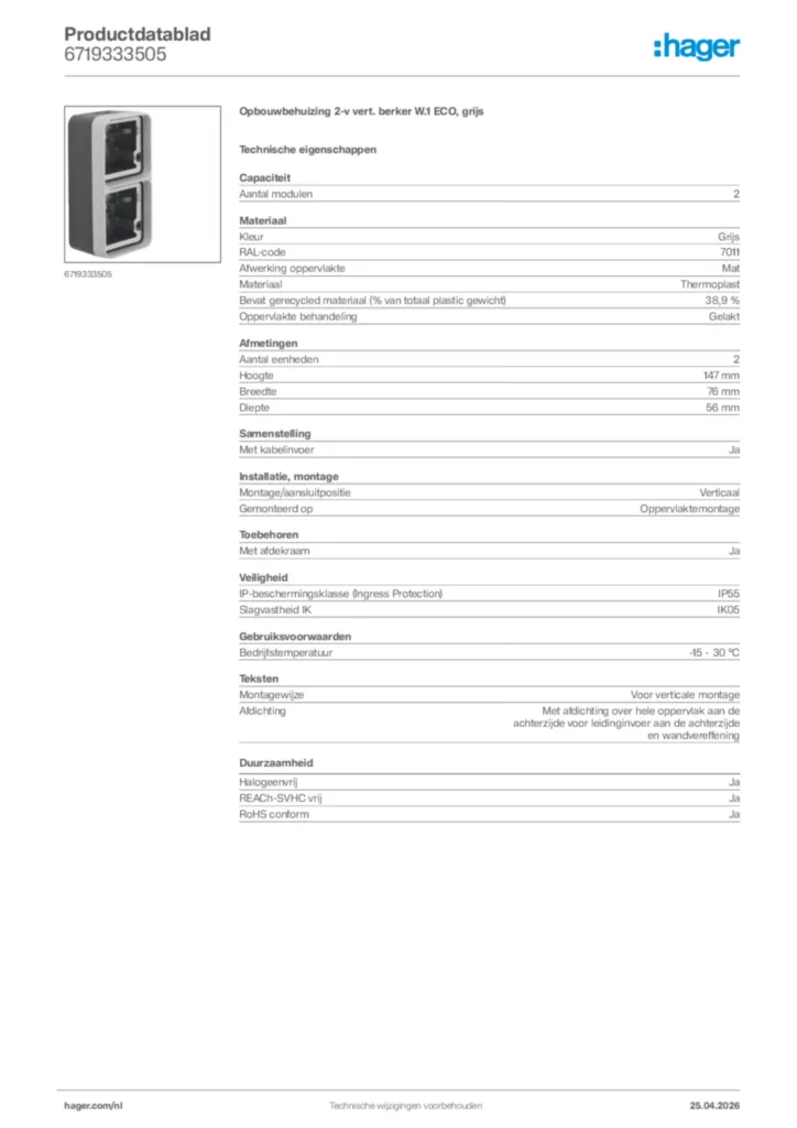 Afbeelding Hager Productdatablad 6719333505 | Hager Nederland