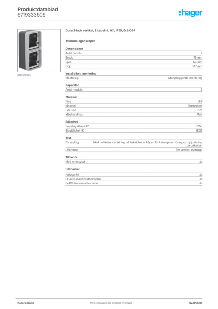 Bild Hager Produktdatablad 6719333505 | Hager Sverige