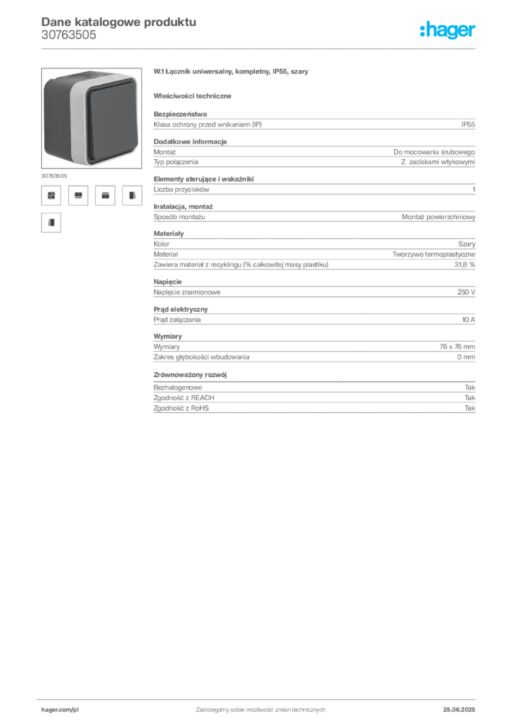 Zdjęcie Hager Dane katalogowe produktu 30763505 | Hager Polska