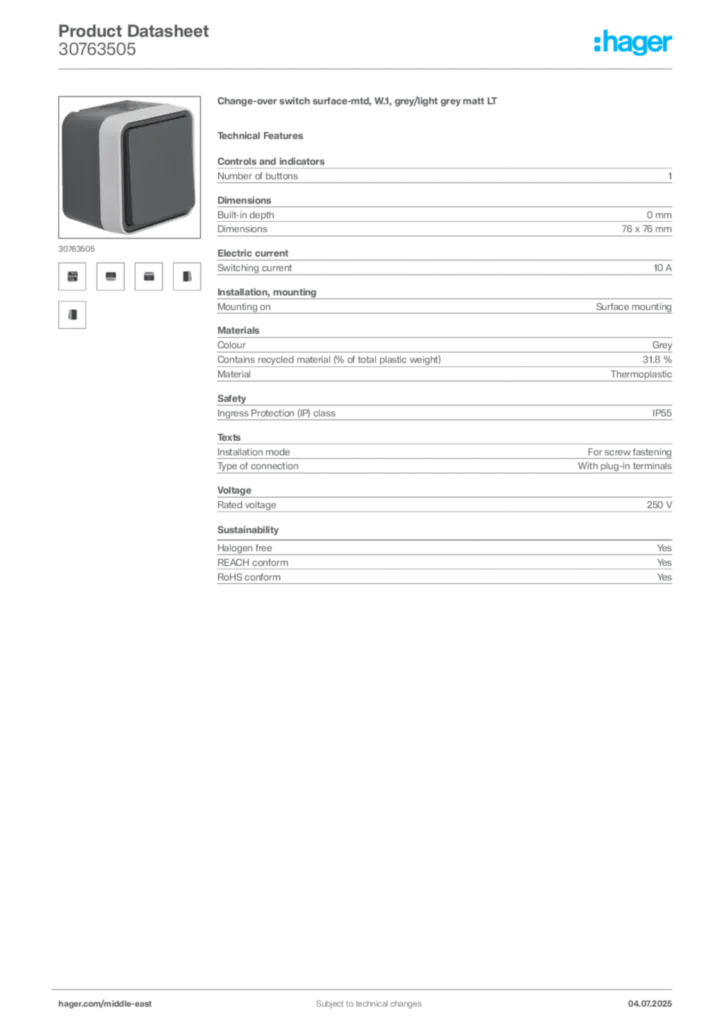 Image Hager Product data sheet 30763505  | Hager