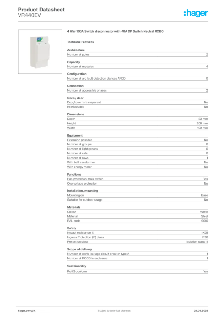 Image Hager Product data sheet VR440EV  | Hager