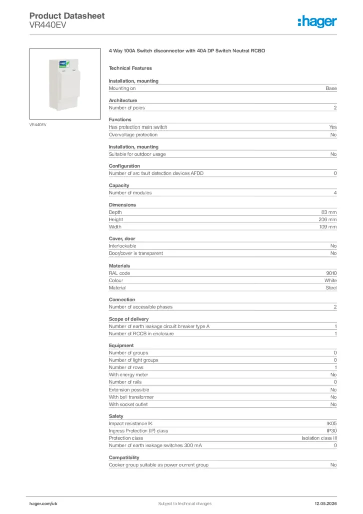 Image Hager Product data sheet VR440EV  | Hager